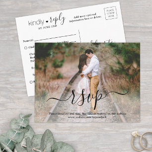 Photo Overlay Simple Elegant Script Wedding RSVP Invitation Postcard