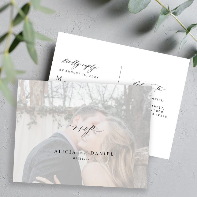 Photo overlay simple modern wedding RSVP Postcard (Creator Uploaded)
