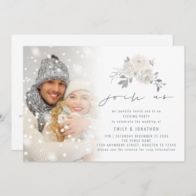 Photo Overlay White Floral Join Us Evening Wedding Invitation (Front/Back)