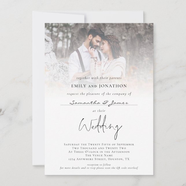 Photo Overlay With Guest Names QR Code Wedding Invitation (Front)