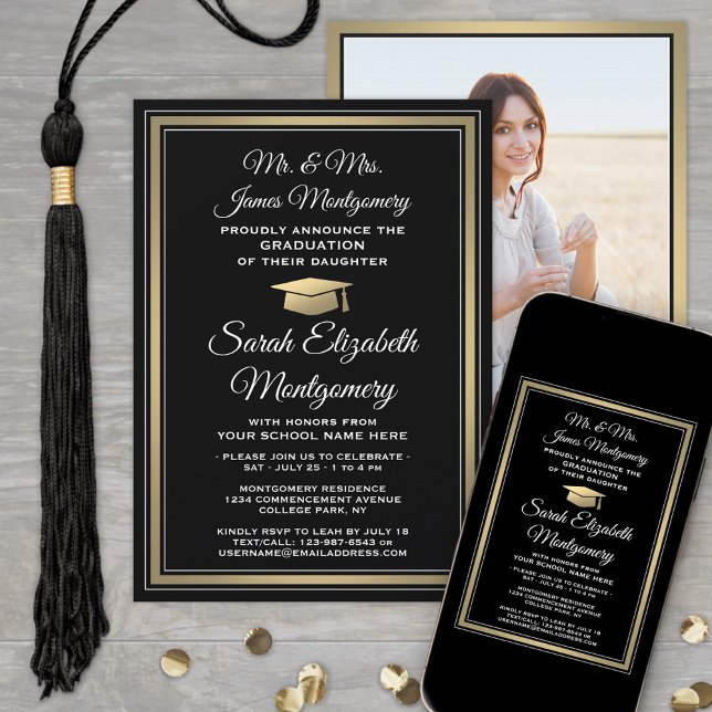 Photo & Parents Names Black Gold Graduation Party Invitation (Creator Uploaded)