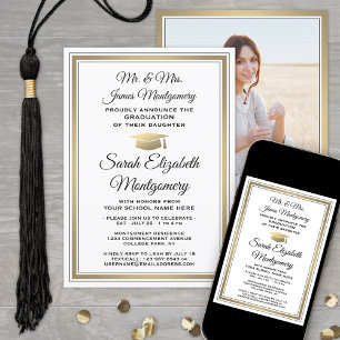 Photo & Parents Names Gold White Graduation Party Invitation