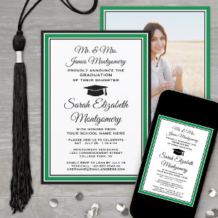 Photo & Parents Names Green Black White Graduation Invitation