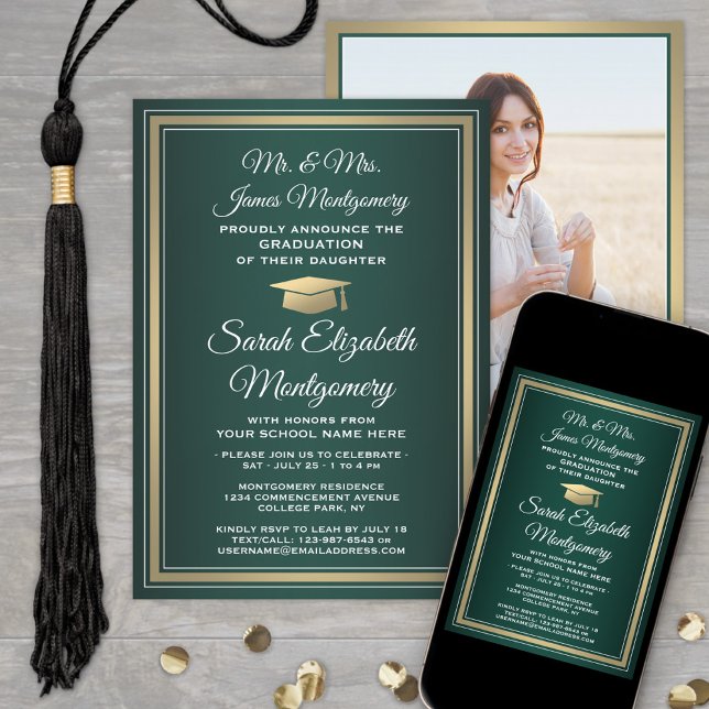 Photo & Parents Names Green Gold Graduation Party Invitation (Creator Uploaded)