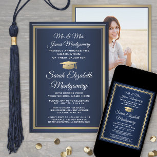 Photo & Parents Names Navy & Gold Graduation Party Invitation
