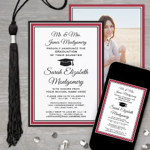 Photo & Parents Names Red Black & White Graduation Invitation