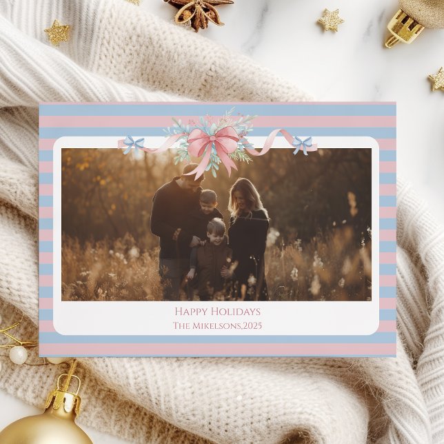 Photo Pastel Ribbon Pine Family Christmas Holiday Card (Creator Uploaded)