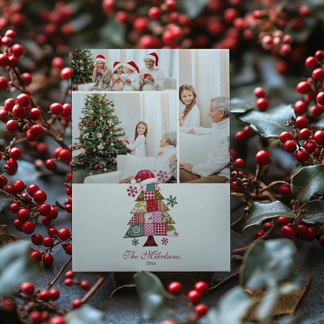 Photo Patchwork Christmas Tree Preppy Holiday Card (Creator Uploaded)