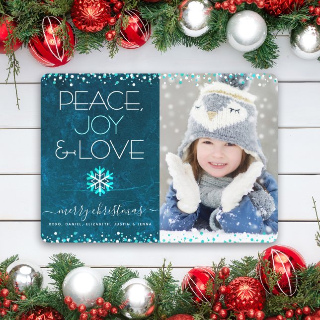 Photo Peace Joy Love Snowflake Teal Blue Christmas Holiday Card (Creator Uploaded)