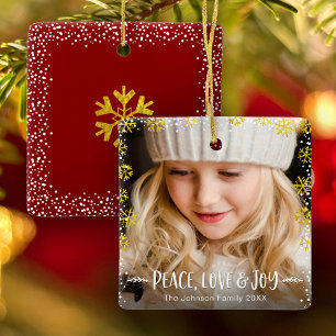 Photo Peace Love and Joy Gold Snowflakes Keepsake Ceramic Ornament