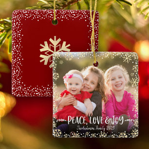 Photo Peace Love Joy Chic Gold Snowflake Christmas Ceramic Ornament