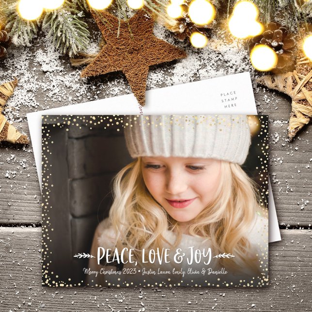 Photo Peace Love Joy Chic Modern Typography Custom Holiday Postcard (Creator Uploaded)