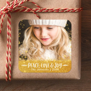 Photo Peace Love Joy Gold Glitter Star Modern Name Square Sticker