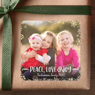 Photo Peace Love Joy Gold Snowflake Elegant Custom Square Sticker