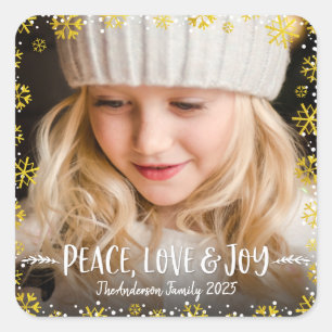 Photo Peace Love Joy Gold Snowflakes Modern Custom Square Sticker