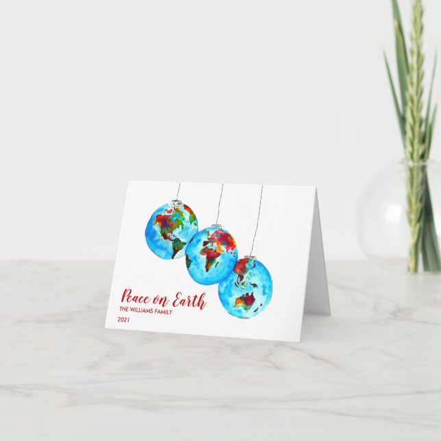 Photo Peace on Earth Planet Watercolor Christmas Holiday Card (Front)