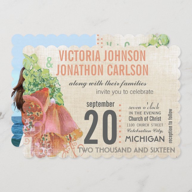 Photo Peach and Mint Wedding Typography Wedding Invitation (Front/Back)
