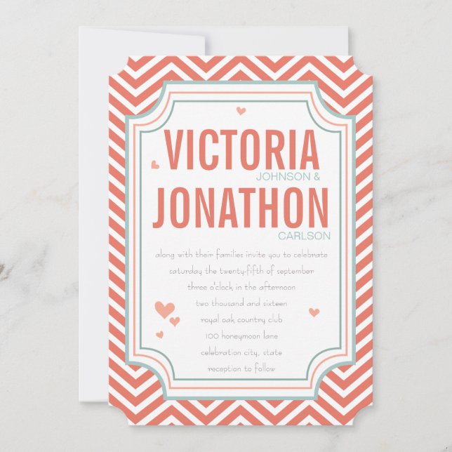 Photo Peach and Mint Zig Zag Typography Wedding Invitation (Front)