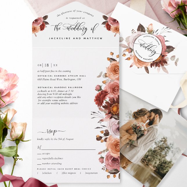 Photo Peach, Burgundy Blush Wedding Tear Off RSVP All In One Invitation (Creator Uploaded)