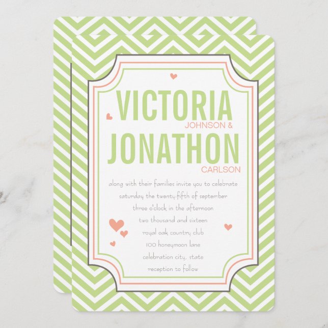 Photo Peach Lime Zig Zag Typography Wedding Invitation (Front/Back)