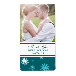 Photo Peacock Blue Snowflakes Winter Wedding Label
