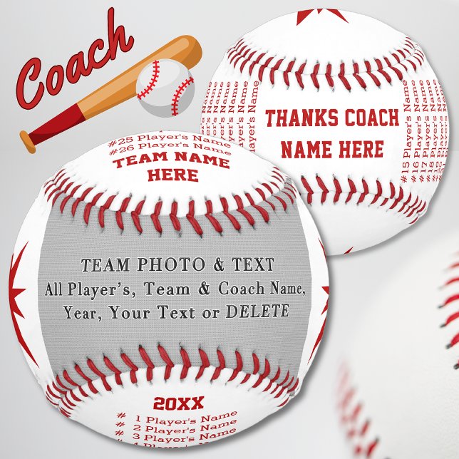 Photo Personalised Baseball Gifts for Coach, Ball (Best gifts for baseball coaches. Personalized baseball coach gifts. Red and White Baseball, Photo.)