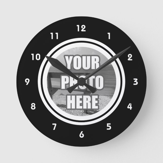 Photo Personalised Black White Round Clock (Front)