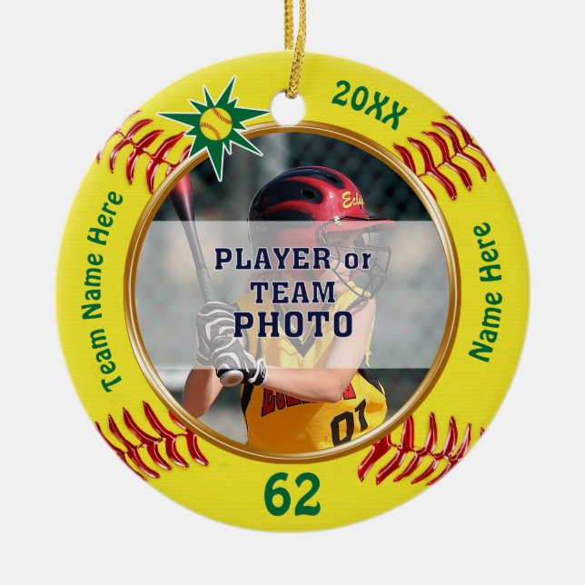 Photo Personalised Softball Gift Ideas for Players Ceramic Tree Decoration (Front)