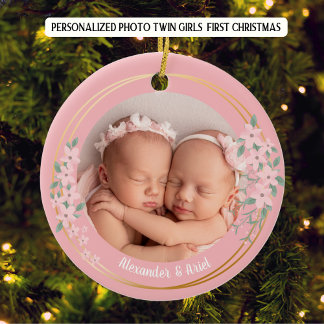 Photo Personalised Twin Girls First Christmas Ceramic Tree Decoration