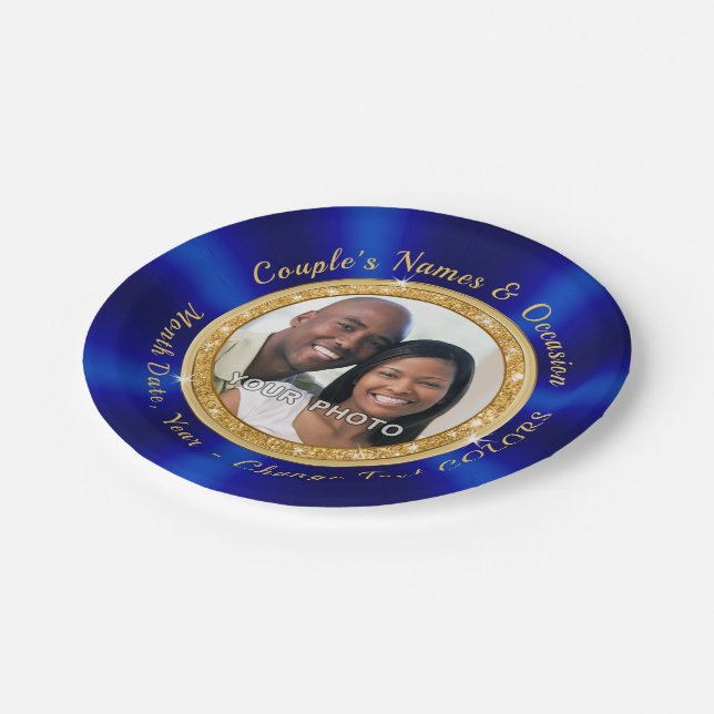 Photo Personalised Wedding Paper Plates, Blue Gold Plate (Angled)
