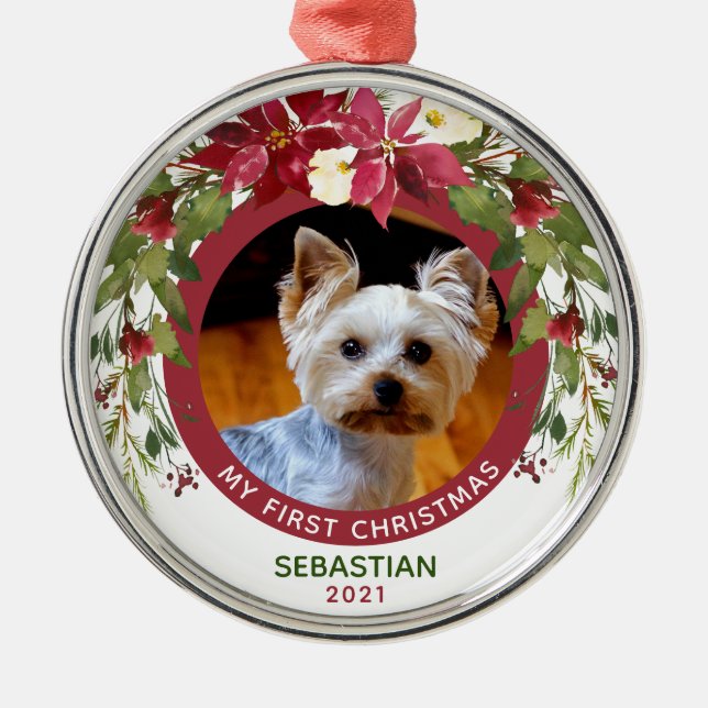 Photo  Pet First Christmas Dog Poinsettia Wreath Metal Tree Decoration (Front)