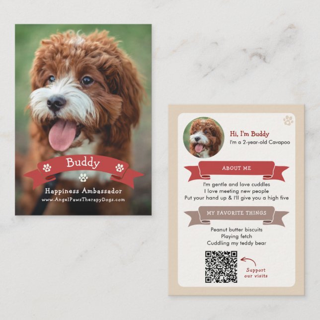 Photo Pet Trading Card, QR Code Therapy Animal Calling Card (Front/Back)