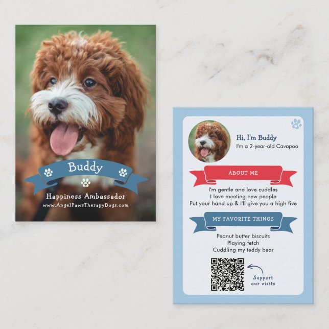 Photo Pet Trading Card, QR Code Therapy Animal Calling Card (Front/Back)