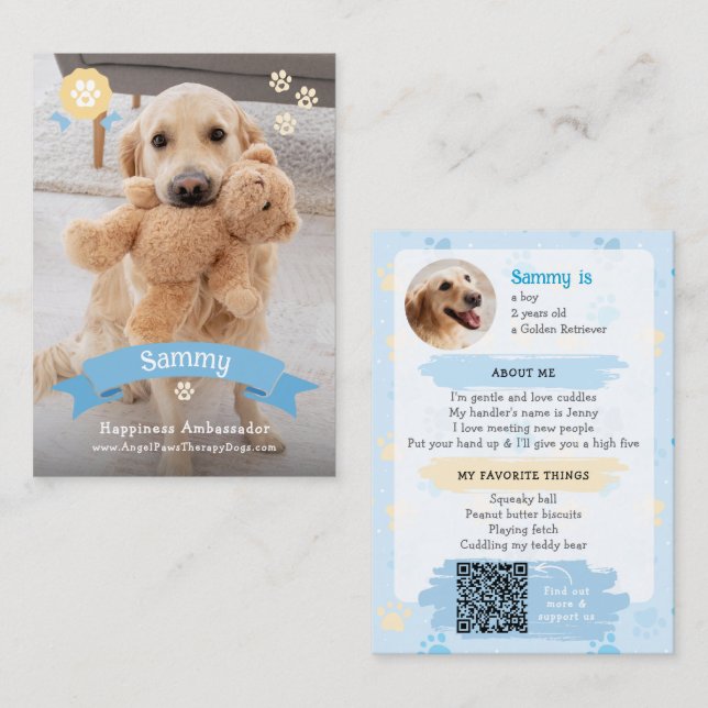 Photo Pet Trading Card, QR Code Therapy Dog Calling Card (Front/Back)