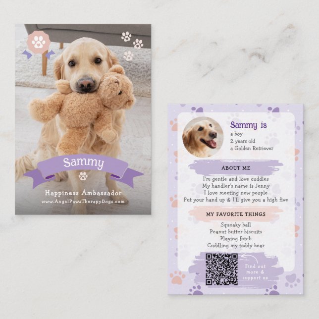Photo Pet Trading Card, QR Code Therapy Dog Calling Card (Front/Back)