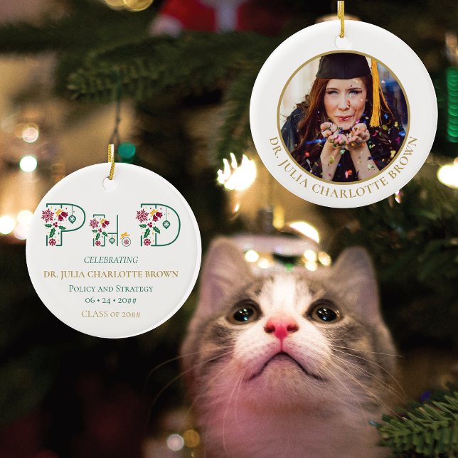 Photo PhD Degree Doctorate Keepsake Gift Christmas Ceramic Tree Decoration (Gift for PhD Graduate, PhinisheD First Christmas as a Doctor, Personalized PhD Degree Photo Ornament)