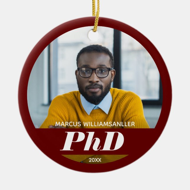 Photo PhD Degree Name Burgundy Graduation Ceramic  Tree Decoration (Front)