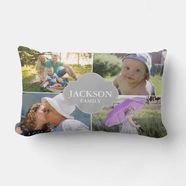 Photo Pillows, 4 collage photos with family name Lumbar Cushion (Front)