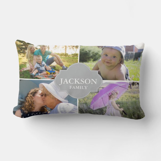 Photo Pillows, 4 collage photos with family name Lumbar Cushion (Front)