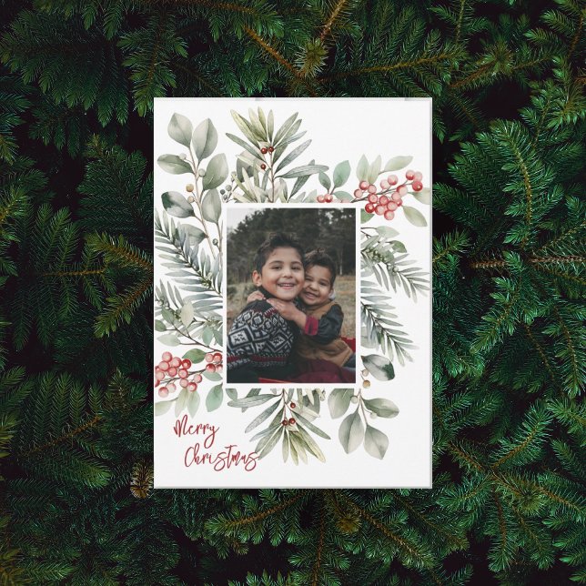 Photo Pine Greenery Holly Red Merry Christmas Holiday Card (Creator Uploaded)