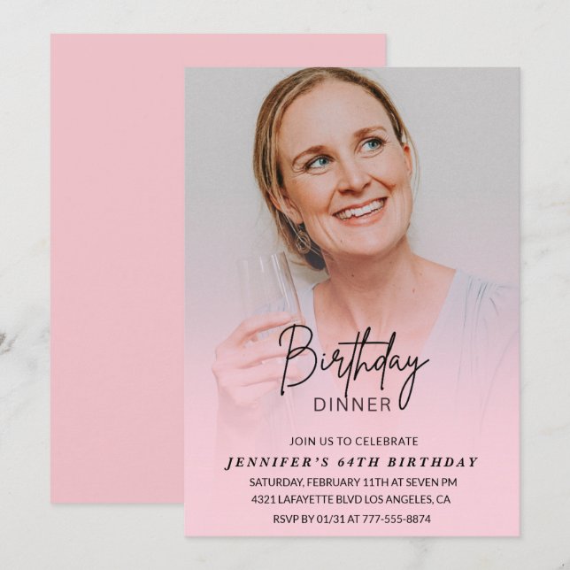Photo Pink 66th birthday invitations Dinner (Front/Back)