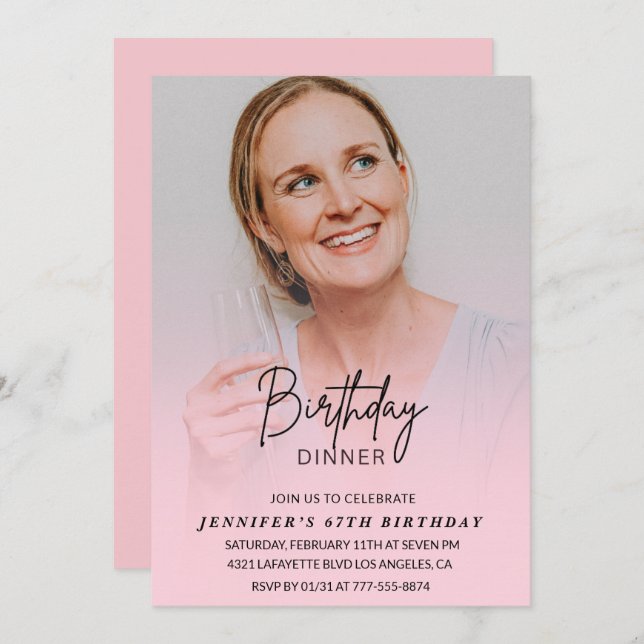 Photo Pink 67th birthday invitations Dinner (Front/Back)