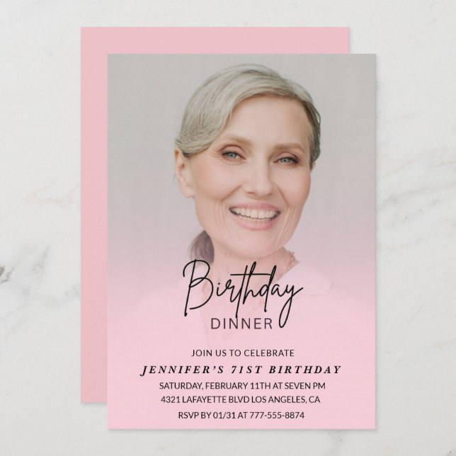 Photo Pink 71st birthday invitations Dinner (Front/Back)