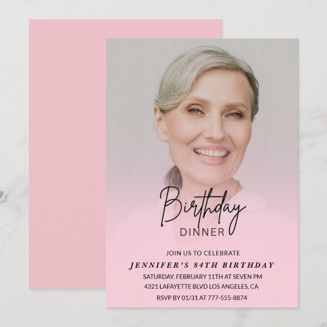 Photo Pink 84th birthday invitations Dinner (Front/Back)