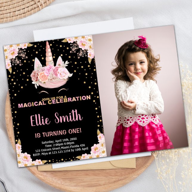 Photo Pink Black Unicorn Birthday Invitations (Photo Pink Black Unicorn Birthday Invitations)