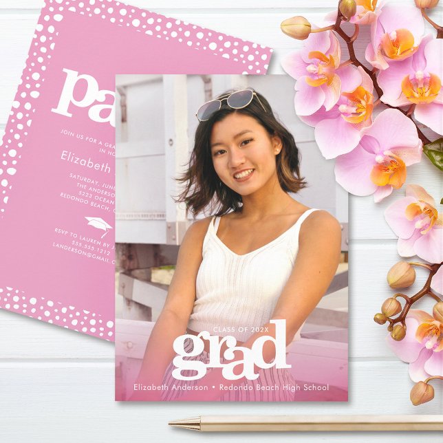 Photo pink bold modern grad party simple elegant invitation (Creator Uploaded)