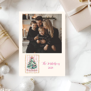 Photo Pink Bow Merry Christmas Holiday Card