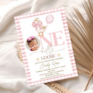 Photo Pink Bow One Silly Goose 1st Birthday  Invitation