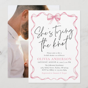 Photo Pink Bow She's Tying the Knot Bridal Shower Invitation