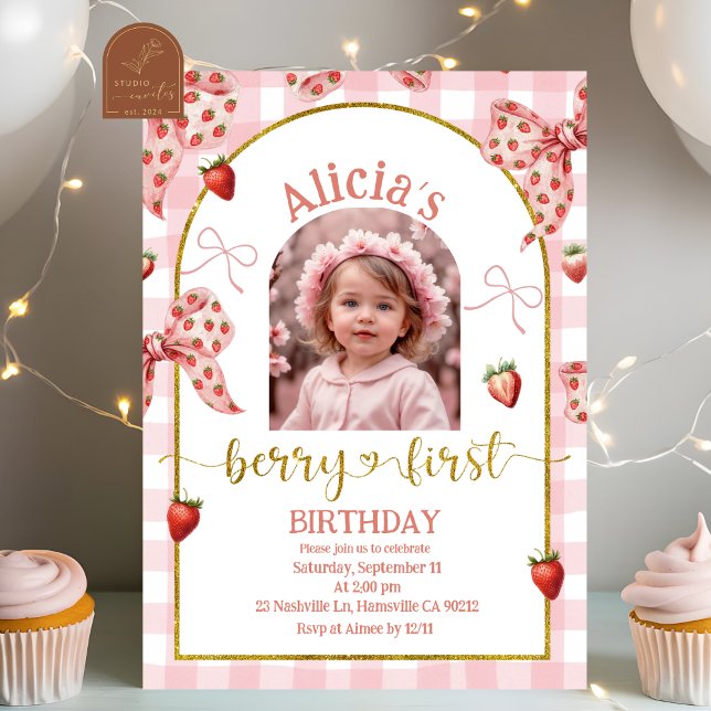 Photo Pink Bow Strawberry Berry Sweet 1st Birthday Invitation (Creator Uploaded)